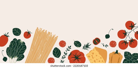 Pasta and tomatoes with garlic and basil. Textured illustration. Italian food horizontal banner.