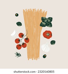 Pasta and tomatoes with garlic and basil. Textured illustration. Italian food.