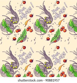 Pasta with tomatoes, peppers, basil, grated cheese and green peas. Seamless pattern.