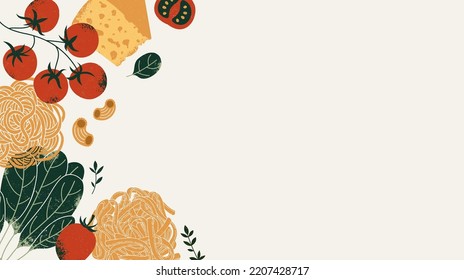 Pasta and tomatoes with spinach and cheese. Spaghetti background. Vector illustration.