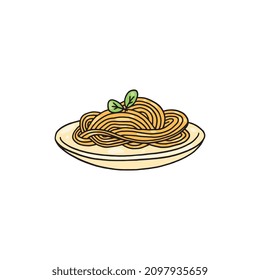 Pasta traditional italian cuisine in colored sketch style, vector illustration isolated on white background. Hand drawn spaghetti icon for cafe or restaurant menu design.