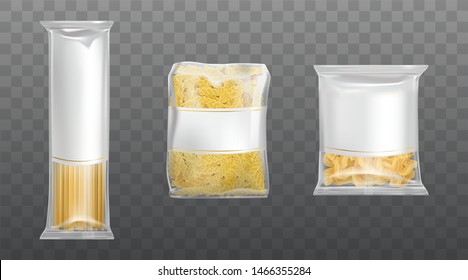 Pasta in transparent package with blank label set, dry packaged fusilli macaroni spirals and spaghetti isolated on background, design elements for food advertising. Realistic 3d vector illustration