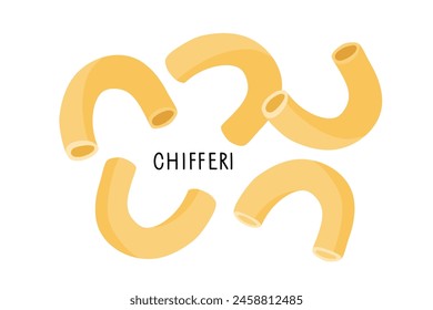 Pasta type Chifferi in flat style with inscription isolated on white background. Carbohydrate diet. Nutrient complex diet vector illustration. Traditional Italian Food for Menu, shop, packaging