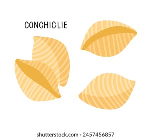 Pasta type conchiglie in flat style in shells shape in flat style with inscription isolated on white. Carbohydrate diet vector illustration. Traditional Italian Food for Menu, shop, packaging