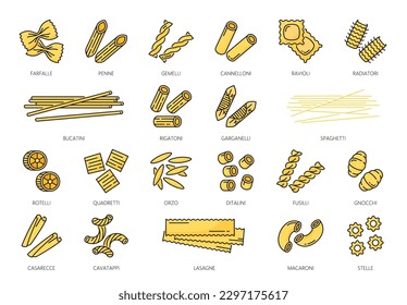 Pasta type outline icons, Italian food spaghetti and macaroni, line vector. Italian pasta linear icons of fusilli, penne and rigatoni with ravioli, farfalle and cannelloni of Italian cuisine cooking