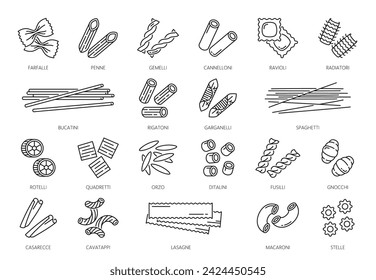 Pasta type outline icons or noodles pictograms. Farfalle, penne, gemelli, cannelloni and ravioli, radiatori various shape Italian wheat pasta, Italy cuisine noodles types thin line vector icons set