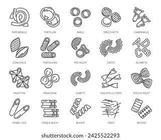 Pasta type outline icons. Pappardelle, tortellini and anelli, orecchiette and campanelle, conchiglie, tortiglioni, pipe rigate, creste and alfabeto, fagottini, francesine, gobetti pasta vector icons