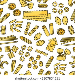 Esquema de tipo Pasta sin inconvenientes. Impresión de papel de envolver, vectores textiles sin soldadura de fondo o patrón vectorial con estelle, ravioli, ditalini y canelloni, spaghetti, gavatappi pasta italiana