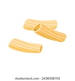 Tipo de pasta rigatoni en estilo plano aislado sobre fondo blanco. Dieta de carbohidratos. Ilustración vectorial de dieta compleja de nutrientes. Comida tradicional italiana para el menú del restaurante, tienda, embalaje.