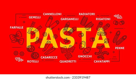 Pasta-Typen Banner oder italienische Lebensmittel dünne Linie Symbole. Italienische Küche Menü klassische Mahlzeit Umriss Vektorhintergrund mit Cannelloni, Gemelli, Farfalle, Garganelli und Casarecce, rotelli, Quadretti Nudeln