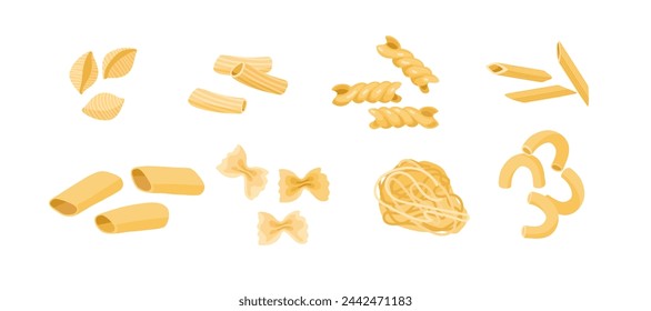 Pasta types. Pasta collection. Flat style isolated on white background. Carbohydrate diet. Nutrient complex diet vector illustration. Traditional Italian Food for Menu, shop, packaging.