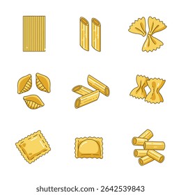 Pasta types with food, assortment, and Italian food.