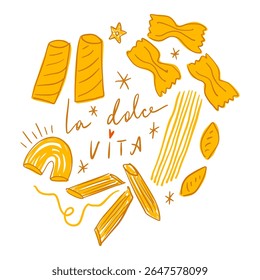Tipo de massas comida La Dolce Vita letras italianas engraçadas. Itália costa mediterrânea doodle mão desenhado vetor, café de verão ou restaurante vetor arte para t shirt, menu, gráfico. Ilustração 3D