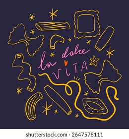 Tipo de massas comida La Dolce Vita letras italianas engraçadas. Itália costa mediterrânea doodle mão desenhado vetor, café de verão ou restaurante vetor arte para t shirt, menu, gráfico. Ilustração 3D