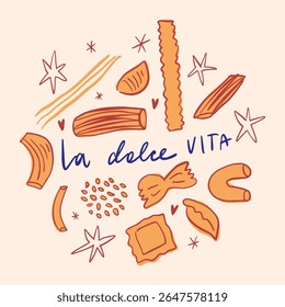 Tipo de massas comida La Dolce Vita letras italianas engraçadas. Itália costa mediterrânea doodle mão desenhado vetor, café de verão ou restaurante vetor arte para t shirt, menu, gráfico. Ilustração 3D
