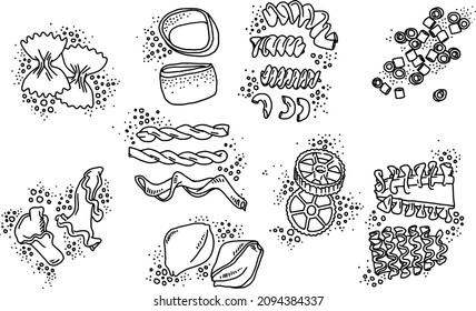 Pasta Types Hand Drawing Food Illustration. Delicious doodle drawing for restaurant menu and posters. Italian food sketch in vector.