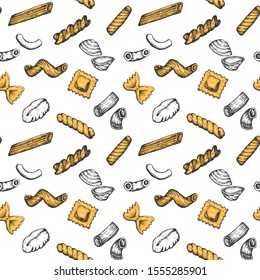 Pasta types hand drawn vector seamless pattern, sketched ink illustrations.