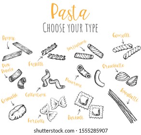 Pasta types hand drawn vector set, isolated sketched ink illustrations.