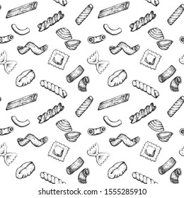 Pasta types hand drawn vector seamless pattern, sketched ink illustrations.