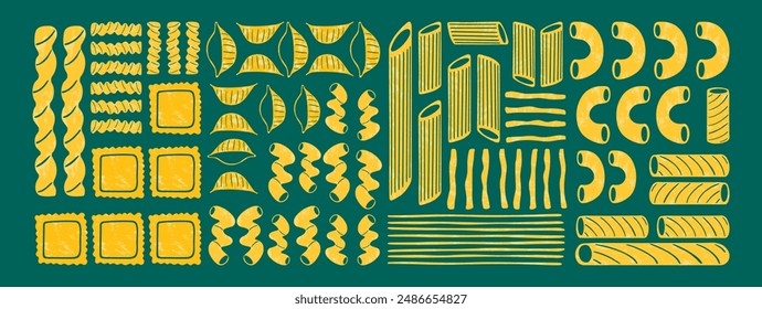 Pasta types horizontal background. Different shapes of Italian pasta. Spaghetti, Farfalle, penne, rigatoni, ravioli, fusilli,conchiglie, elbows, rotelle, orzo, paccheri illustration.