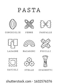 Pasta types icon set - conchiglie, penne, farfalle, lasagne, macaroni, fusilli, ravioli, stelle, spaghetti