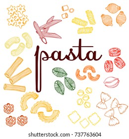 pasta types , Italian kitchen , color contour on white background , vector illustration ,hand drawing