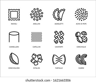 Pasta types line art vector icons set. Ravioli, cannelloni Italian traditional food linear illustrations pack. Conchiglie, capellini, farfalle isolated contour symbols collection on white background