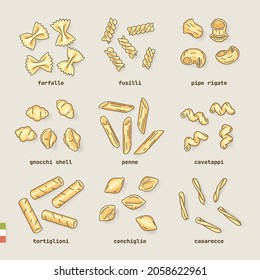 Pasta types with names. Different kinds of pasta isolated on white background. Vector illustration of Italian cuisine. Top view of pasta shapes.