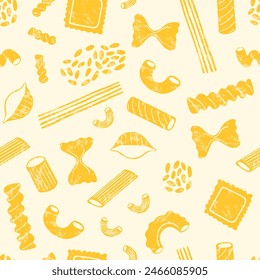 Pasta types seamless pattern. Different shapes of Italian pasta. Spaghetti, Farfalle, penne, rigatoni, ravioli, fusilli,conchiglie, elbows, rotelle, orzo, paccheri illustration.