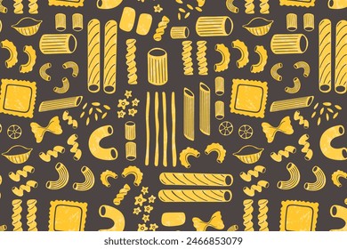 Pasta types seamless pattern. Different shapes of Italian pasta. Spaghetti, Farfalle, penne, rigatoni, ravioli, fusilli,conchiglie, elbows, rotelle, orzo, paccheri illustration.