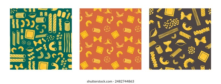 Pasta types seamless patterns set. Different shapes of Italian pasta. Spaghetti, Farfalle, penne, rigatoni, ravioli, fusilli,conchiglie, elbows, rotelle, orzo, paccheri illustration.