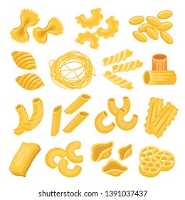 Pasta types set, italian noodles and macaroni. Restaurant delicious menu. Vector flat style cartoon pasta illustration isolated on white background