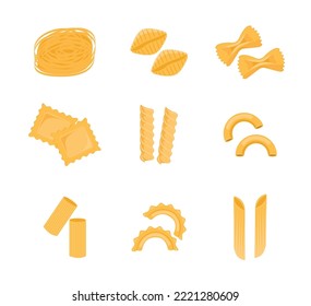 Pasta types set, italian noodles and macaroni. Restaurant delicious menu. Vector flat style cartoon pasta illustration isolated on white background Eps 10