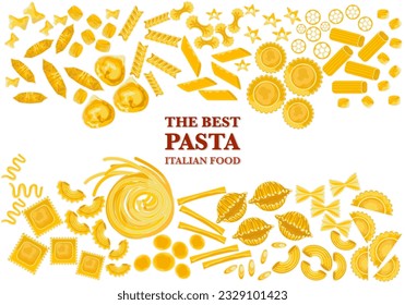 Pasta-Typen setzen italienische Nudeln und Makkaroni-Speisekarte, leckere Pasta-Vektorgrafik, flacher Cartoon-Stil, handgezeichnet Banner, geeignet für Menüs, Banner, Flyer, Karten auf weißem Hintergrund