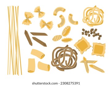 Pasta types set. Macaroni and spaghetti made from flour and buckwheat. Traditional Italian forge, Ingredients and eating recipe. Cartoon flat vector collection isolated on white background