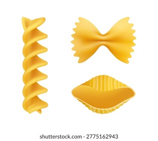 Pasta types set. Vector isolated realistic fusilli, bowtie or farfalle and shell pasta. Tasty Mediterranean food and meals. Italian restaurant dishes full of calories. Recipe or grocery advertising