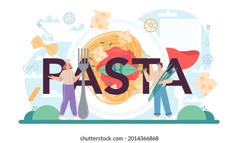 Pasta typographic header. Italian food on the plate. Delicious dinner, meat dish. Spaghetti, mushroom, meatball, tomatoes ingredients. Isolated vector illustration in cartoon style