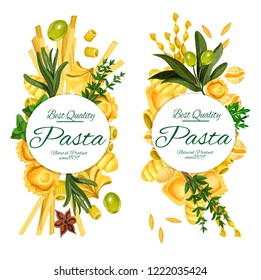 Pasta vector banners, restaurant menu with cuisine from Italy. Vector spaghetti, mafaldine and conchiglie, ditalini rigati and ravioli, orzo and rocchetti with olives and seasonings