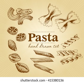 Pasta vector. Hand drawn  isolated set. Different types of pasta. Retro line art, sketch. 