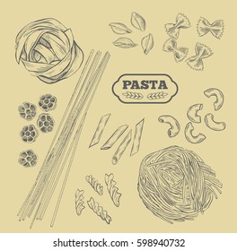 Pasta vector. Hand drawn isolated set. Different types of pasta. Collection of different types of noodles. Retro line art vector illustration. Sketch.