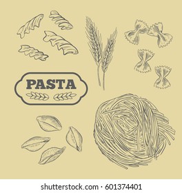 Pasta vector. Hand drawn isolated set. Different types of pasta. Collection of different types of noodle. Retro line art vector illustration. Sketch.
