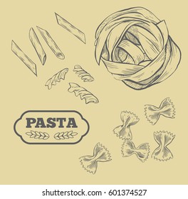 Pasta vector. Hand drawn isolated set. Different types of pasta. Collection of different types of noodle. Retro line art vector illustration. Sketch.