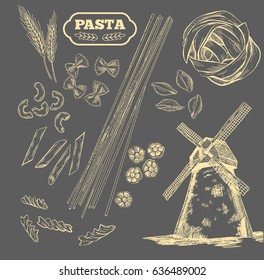 Pasta vector. Hand drawn isolated set. Different types of pasta. Collection of different types of noodle. Retro line art vector illustration. Sketch.