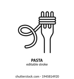 Pasta vector icon. Line sign italian pasta for web design isolated on white background. Spaghetti on a fork. Editable stroke. 