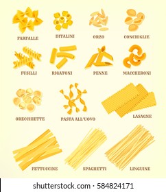 Pasta vector icons of italian farfalle or ditalini, orzo conchiglie and fusilli, rigatoni or penne, maccheroni and orecchiette, pasta all uovo or lasagne, fettuccine, spaghetti or linguine