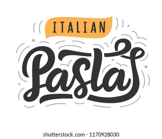 Pasta vector logo badge with hand written modern calligraphy. Italian food restaurant elegant lettering logotype, isolated on white background. Vintage retro style emblem, label design.