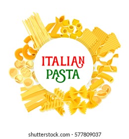 Pasta vector poster of Italian spaghetti and penne, lasagna, tagliatelle and ravioli, farfalle and pappardelle, creste gallo, stelle and filini. Design for Italy traditional cuisine or restaurant menu