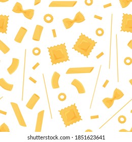 Pasta vector seamless pattern. Different types italian pasta. Spaghetti, ravioli, penne, farfalle, noodles, macaroni. Food background.