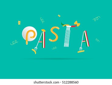 Pasta vector. Text abstract composition from different italian elements. Italian food.