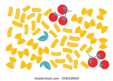 Pasta and vegetables abstract vector illustration. Noodle and tomato clip art ingredients. Cartoon flat style. Can be use for restaurants menu, cover, packaging.